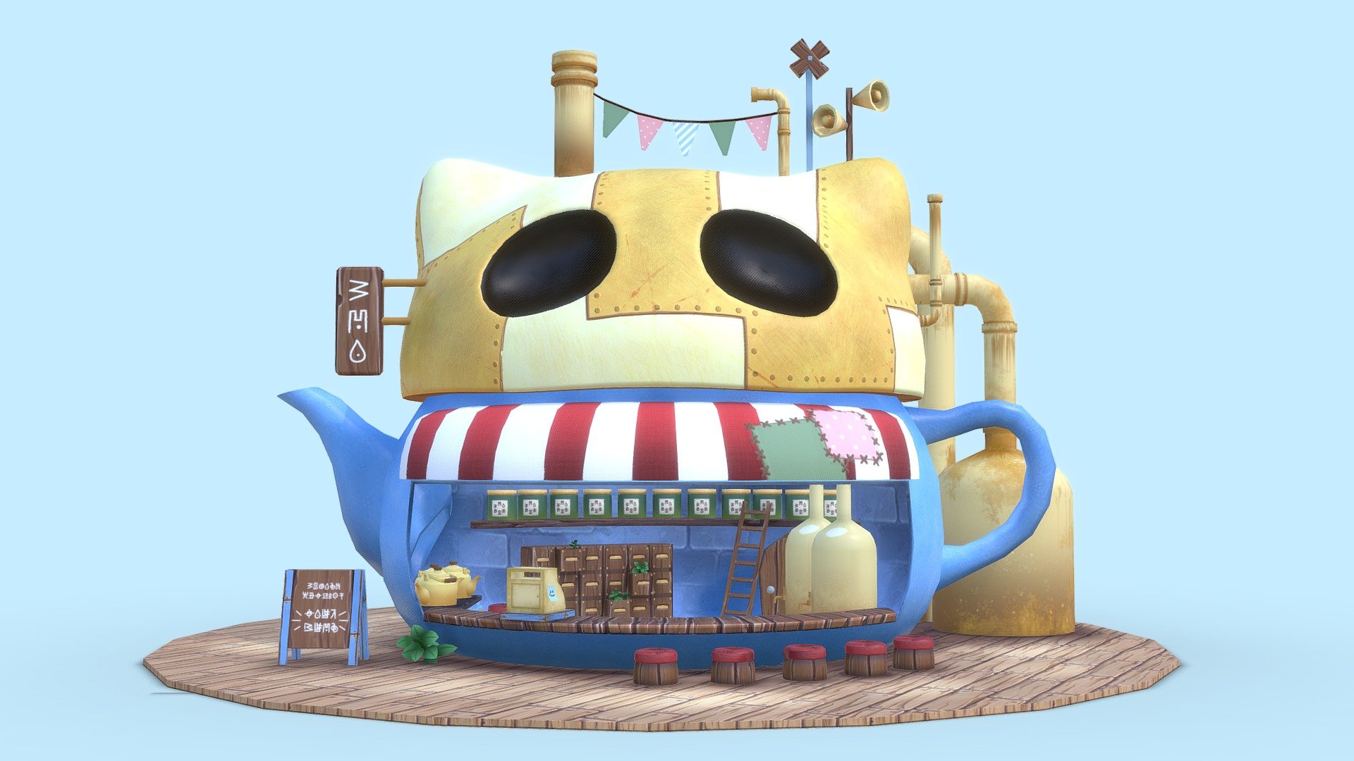 This is for my school assignment where we decided to create a game hub kind of world. This world contains creatures called patchers, and this tea house is in the middle of one of their rest stop islands!

Here's my idea sketch:
 - Tea House of the Patchers - 3D model by icebell 3d model