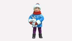 001356 blonde kid in winter jacket with rabbit rabbit, style, winter, toy, people, jacket, clothes, miniature, realistic, movie, character, 3dprint, model, multics