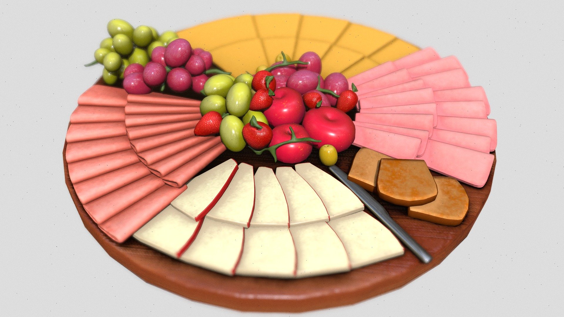 Simple appetizer board containing cheese, ham, apple slices, strawberry, plum, grape and olives.

Modeled in Blender.
Textured in Substance.

Baked single texture file version included.

Blender file included.

All base texture files included 3d model
