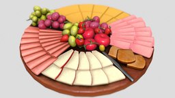 Simple Charcuterie Board food, fruit, tabletop, ham, apple, textures, board, display, baked, table, showcase, presentation, platter, kitchen, cheese, strawberry, grapes, grape, gourmet, plum, charcuterie, culinary, baked-textures, appetizer, noai