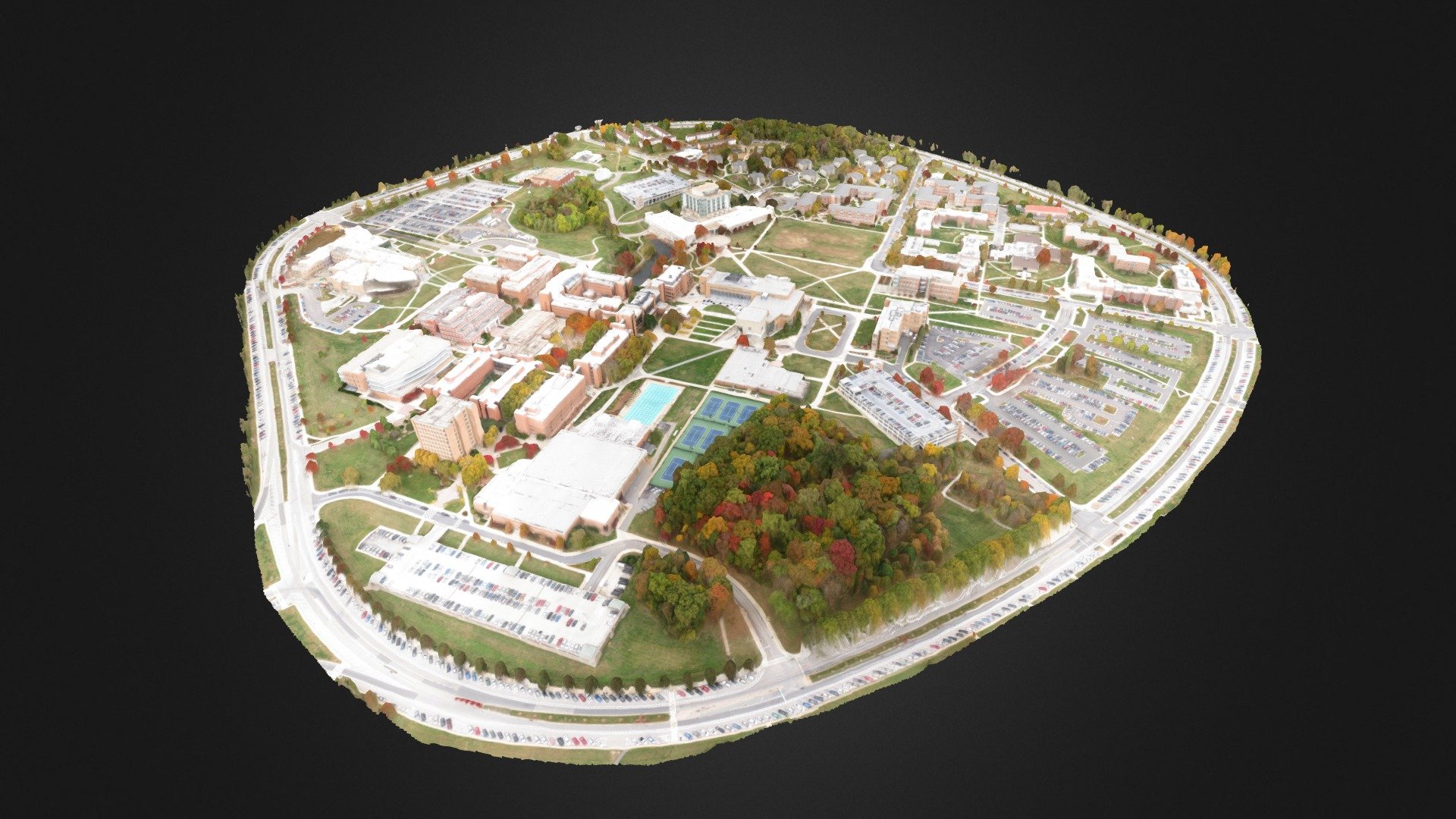 A 3D aerial scan of the UMBC campus.  5443 photos were processed through Agisoft Photoscan.  The photos were collected via an Arducopter-octo.  This model has been highly decimated to allow display on Sketchfab 3d model