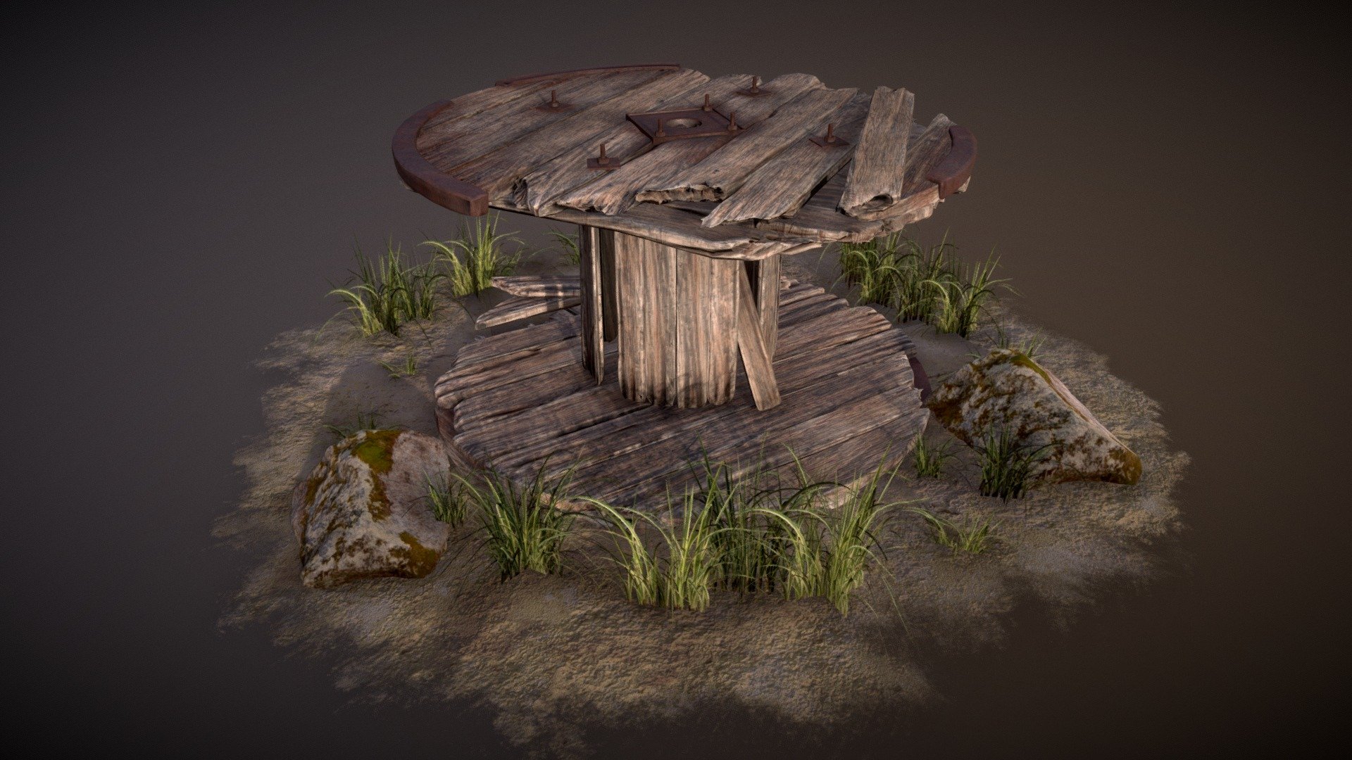 Wooden Cable Drum game asset with environment 4k PBR textures by 13Particles 3d model