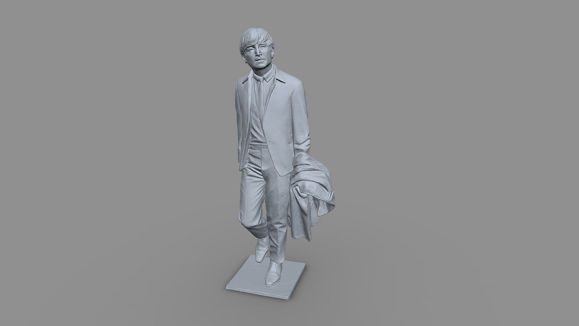 3D Scan of John Lennon Scuplture by Andrew Edwards.

“They are portrayed from around 1964. I was trying to capture the period just before they appeared on the Ed Sullivan Show in America. Paul has got a coat he wore in Dublin and he still wore in America.

“John is carrying and George wearing a leather jacket. It’s The Beatles about to take on the world and win.

“It’s one of those pieces that has been slavishly researched. There’s lots of hidden imagery. John is carrying two acorns as a preview of what he and Yoko are going to do. Paul is carrying a cine camera – it’s his obsession with filming which led to the anthologies.” - John Lennon - 3D model by Europac3d 3d model