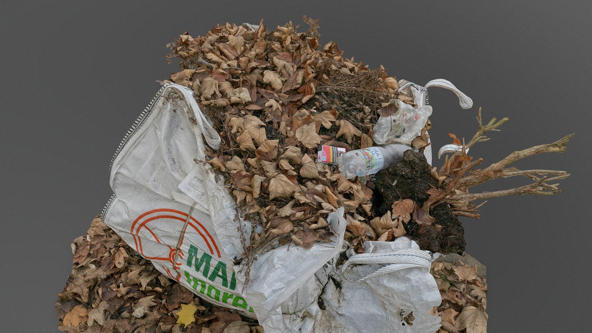Gardening yard garbage tree leaf leaves grass lawn collection bag made of white polyacrylate cross linked plastic material with palstic bottle and some dry dead plant

photogrammetry scan (150 x 36MP, 3x8K textures) - White leaf collection bag with garbage - Buy Royalty Free 3D model by matousekfoto 3d model