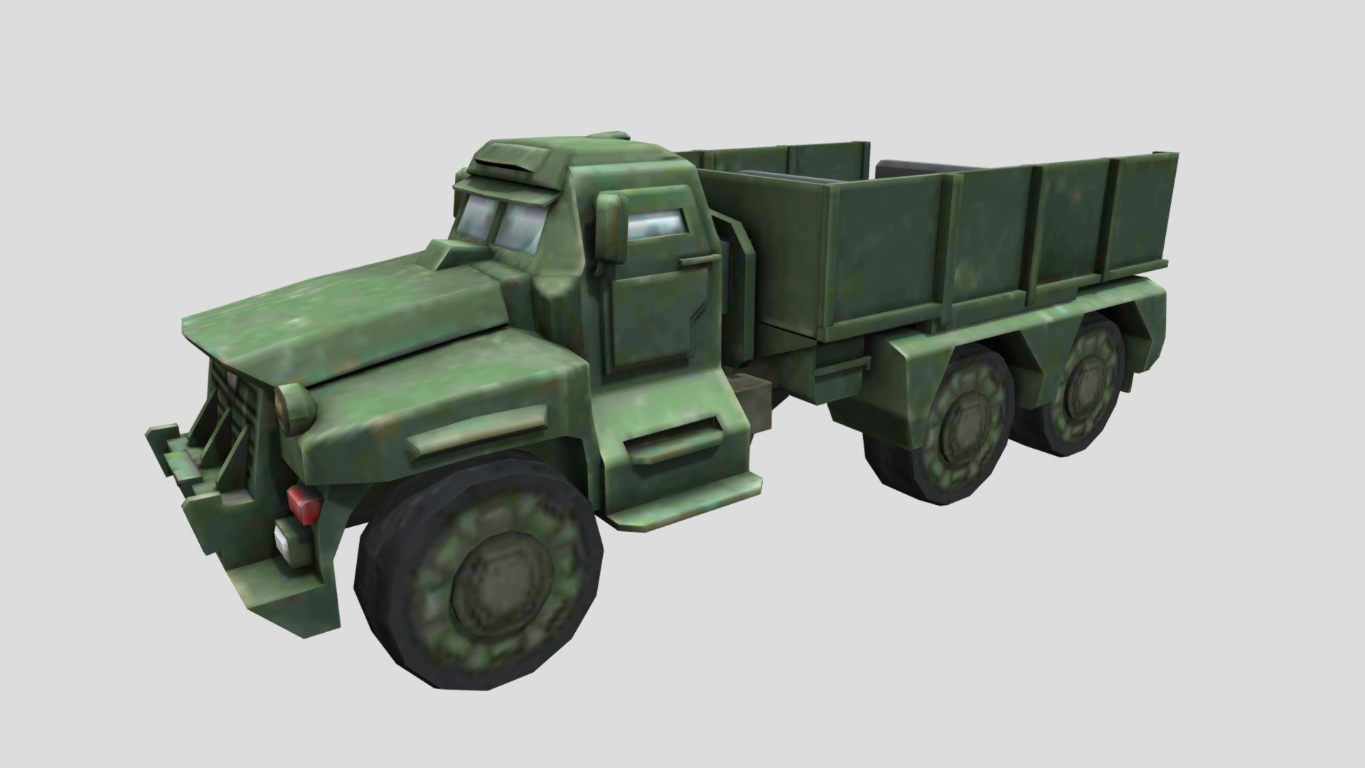 Military Truck Low Poly
The model has an optimized low poly mesh with the greatest possible number of simplifications that do not affect photo-realism but can help to simplify it, thus lightening your scene and allowing for using this model in real-time 3d applications.

Real-world accurate model.  In this product, all objects are ERROR-FREE and All LEGAL Geometry. Subdivisions are not required for this product.

Perfect for Architectural, Product visualization, Game Engine, and VR (Virtual Reality) No Plugin Needed.

Format Type




3ds Max 2017 (standard shader)

FBX

OBJ

3DS

Texture

1 material used. 1 Texture:




Diffuse

You might need to re-assign textures map to model in your relevant software - Military Truck Low Poly - Buy Royalty Free 3D model by luxe3dworld 3d model