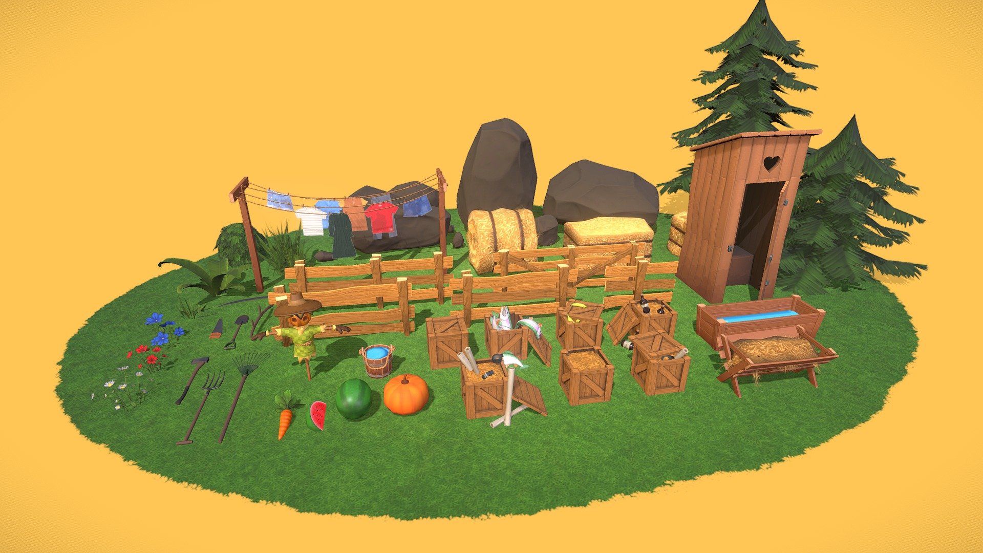 A collection of cartoon stylized 3D farm models including several foliage assets 3d model