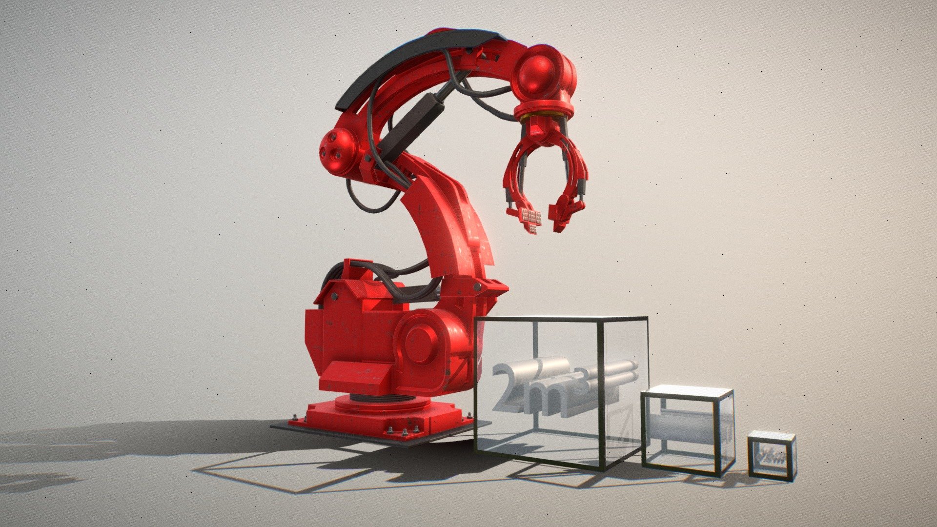 Here is the low-poly version of the industrial robot arm.
Created for and tested in our 2023 Christmas Video.





The rig (armature) is designed to be easily animated in Blender-3D by using only 2 control bones.




Arm_Mover_Bone

Grab_Bone



The rig has a bone to parent the objects that will be moved. So that the object can follow the rotation and position in the center of the gripper.




Parent_Bone



I baked the animation of the bones for the demo scene you see here. The not baked verion with all bone animation constraints is attached as additional file download.



PBR textures are available in 8k and 4k resolutions (additional file download).






WIP-Collection 

Christmas Video 2023 

360° Video Test
 - Industrial Robot Arm (Basic Version) - Buy Royalty Free 3D model by VIS-All-3D (@VIS-All) 3d model