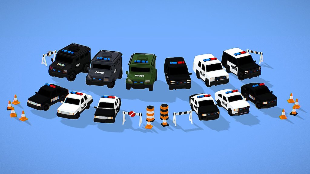 Low poly style police cars and roadblock props.

Check it out on the Unity asset store: -link removed- - Low Poly Police Car Pack - 3D model by da_st 3d model