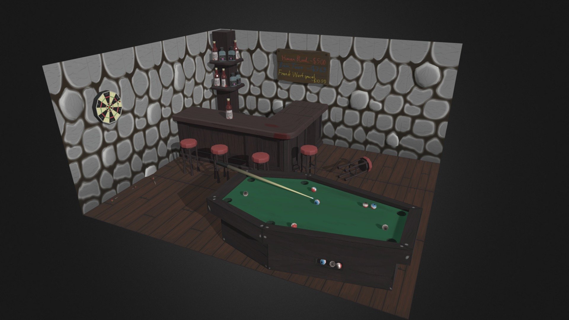 environment diorama of a bar that zombies like to meet and drink at. Model for my course
Assets include:
Floor boards
Stone walls
Stones
Bar
Barstools
Drinks board
Drinks stand
2 drinks
Dart board + darts
Coffin shaped pool table + cue + eyeballs - Zombie Bar V6 - 3D model by RyanKavanagh 3d model