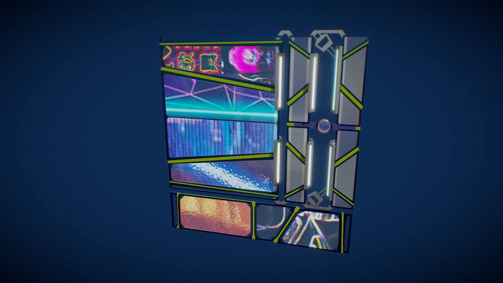 Stylized Low Poly Sci Fi Billboard

Model made with blender 3.0. File attached as .zip file.
Blender file has a version with modifiers not applied for easy changes and modifications like sign size 3d model