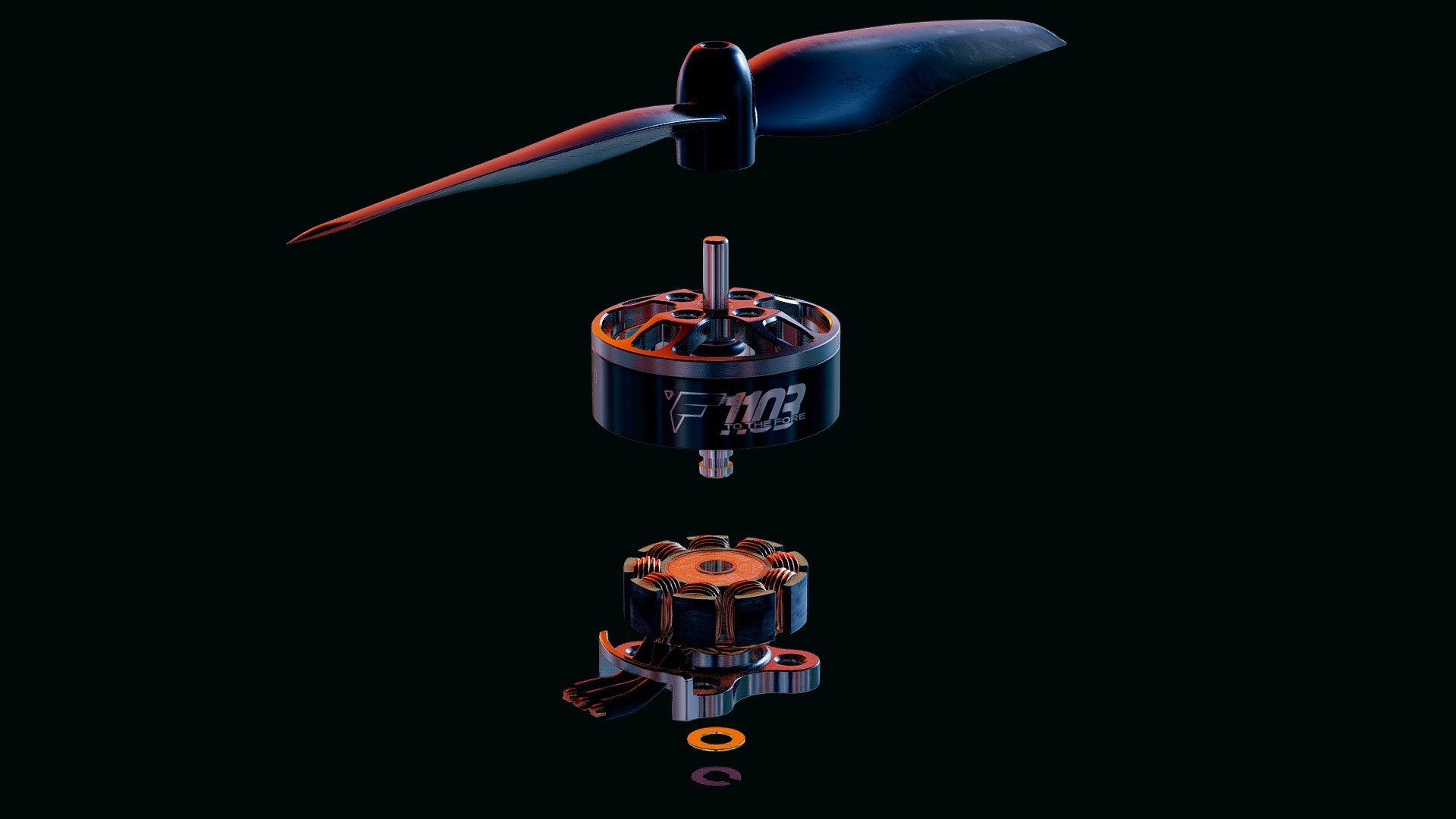 T-Motor F1103 Brushless Motor with a 65mm Bi-Blade Propeller. Modeled in Fusion 360, animated in Blender, textured in Substance Painter. The 65mm Propeller can be found free-to-download here - 1103 Brushless Motor + 65mm Propeller - Buy Royalty Free 3D model by The Van (@thevan) 3d model