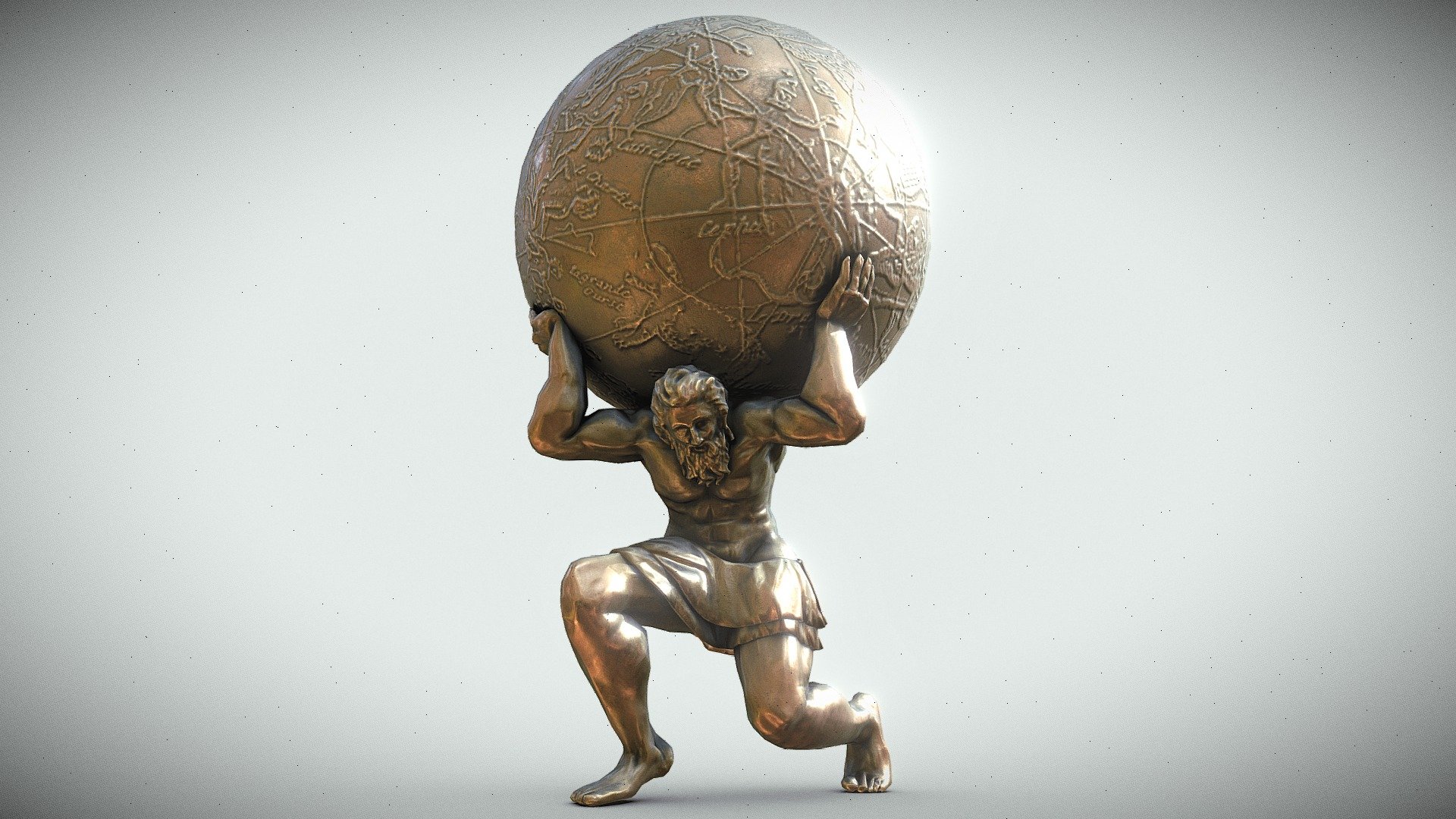 In Greek mythology, Atlas (Greek: Ἄτλας, Átlas) is a Titan condemned to hold up the heavens or sky for eternity after the Titanomachy

Separate materials and objects for the Sphere and the Atlas Body.
Both materials have 4k PBR textures.

Package also includes Marble&amp;Gold and Oxidized Bronze textures 3d model