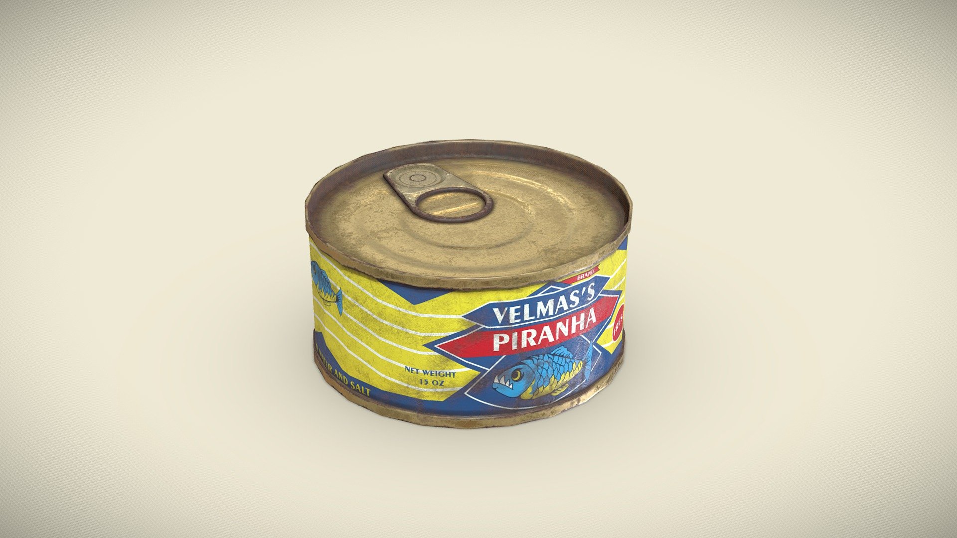 Have you ever taste the fresh piranha? Don't miss the original flavour before it bites you. Low poly worn out tin octopus can with 463 polys and PBR materials in 4096x4096 3d model