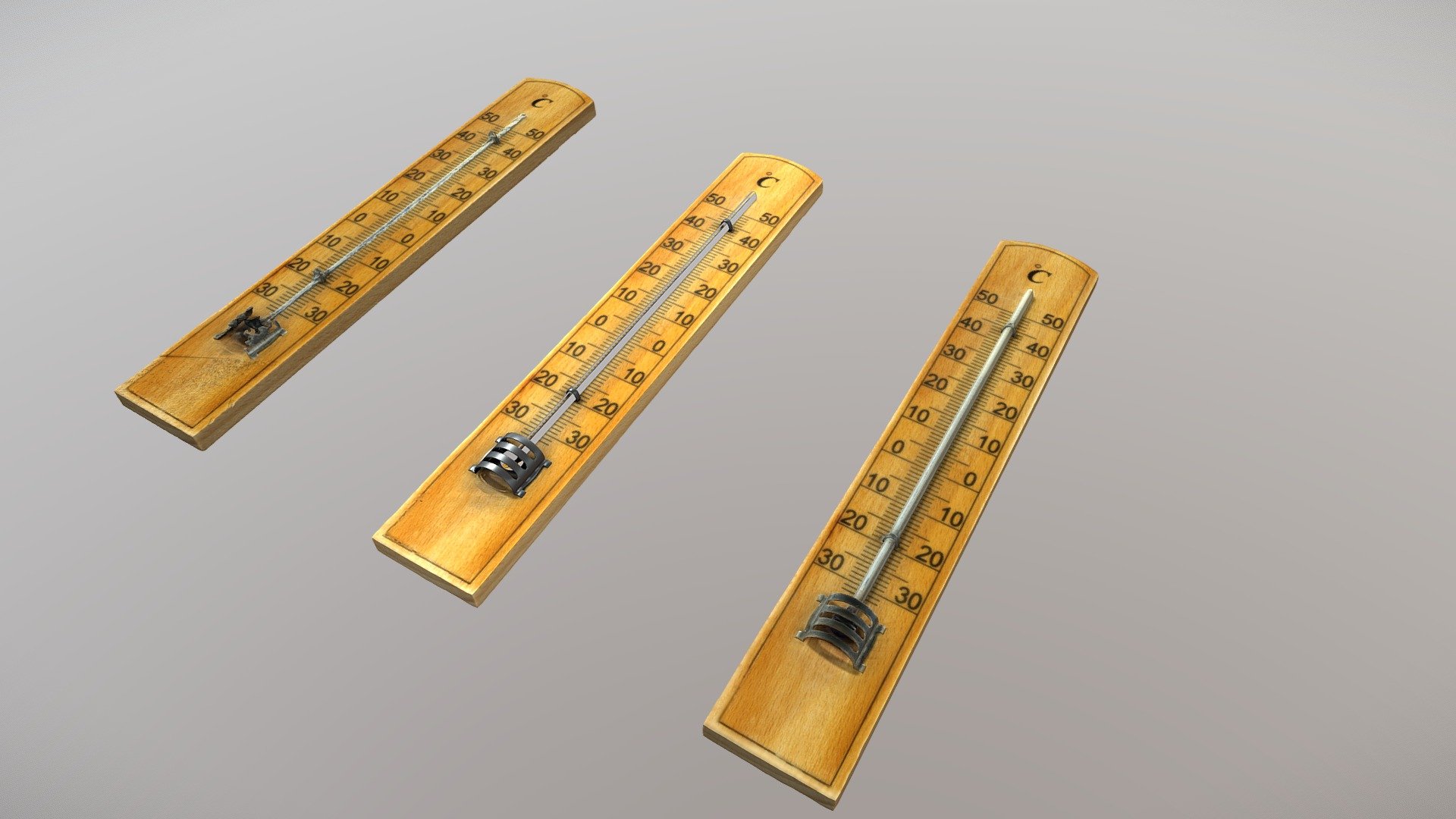 This is a model of a thermometer taken on 10 August 2021. It was 26 degrees when we photoscanned this office thermometer. 

This is a comparison between three kinds of thermometers that we made.

With the use of Photoshop masks, we were able to get a fantastic result. There were a few small detail losses in the metal and glass parts of the thermometer. We remodeled the missing parts in Blender. With the model being in Blender, we baked all sorts of PBR textures. We baked the diffuse, AO, roughness, glossiness, opacity, and normal maps. The remodeled thermometer was sent back to Agisoft for retexturing. 

Location: 59.374105, 24.722399 - Thermometer - Buy Royalty Free 3D model by 3Di (@3Dinformation) 3d model