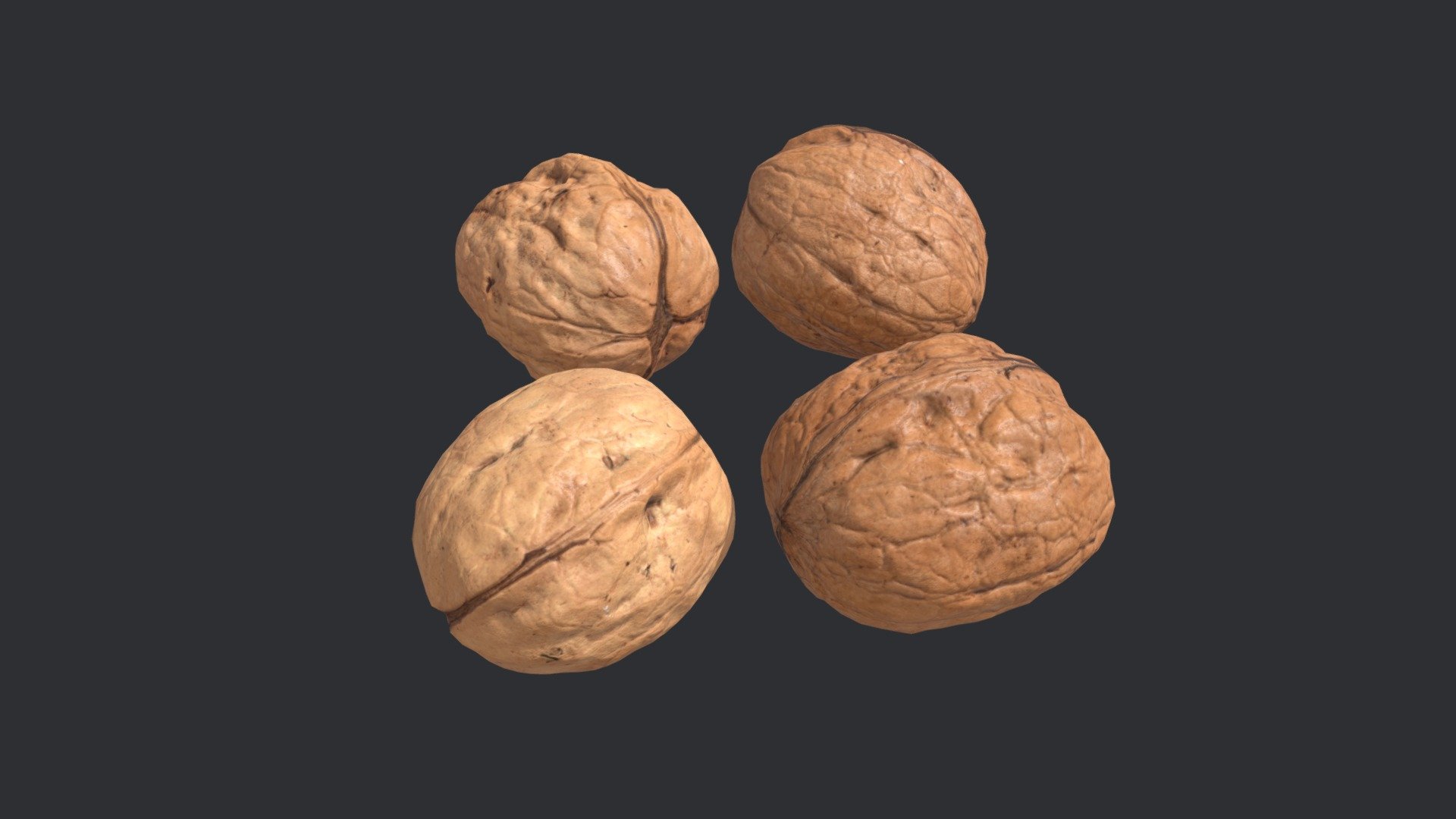 Photogrammetry model of four individual unshelled walnuts.

Each model has three base levels of detail, optimized into uniform triangles with clean UVs.

Lod 1 = 32,000 tris,

Lod 2 = 2,000 tris,

Lod 3 = 500 tris.

The models have 4K PNG textures (Albedo, Normal, Ambient Occlusion, Roughness and Gloss). All levels of detail share the same textures except for the Normal, where each LOD has a unique Normal map.

Lod 2 used for 3D preview with 1K JPG textures.

Real world scale 3d model