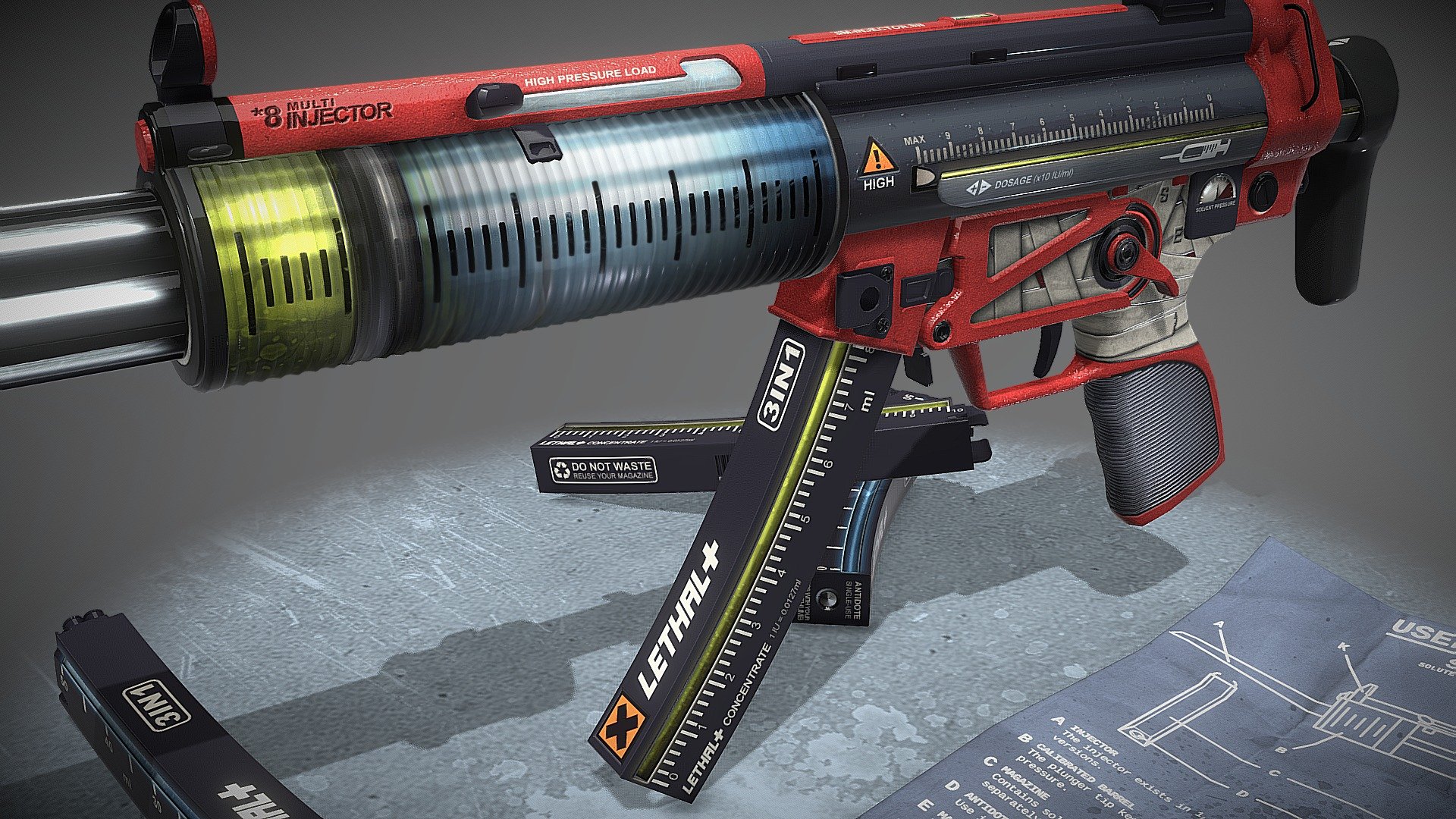 Here is a skin for Counter-Strike: Global Offensive : MP5-SD | Lethal Injection.

The idea was to make a big syringe with a lot of details and a story about the skin. For more informations about the skin: read the user instructions!

This skin includes a normal map for a better render of the needles.
I Invite you to check the normal map with the model inspector (use the Matcap+Surface render).

NB: I'm not the model owner: the MP5-SD model is from CS:GO (Valve Corporation). 

PS: The model has been modified for a better render in Sketchfab of the barrel. I only added the plunger and some liquid volume.

Thanks for watching! - MP5-SD | Lethal Injection III - 3D model by MGBazz 3d model