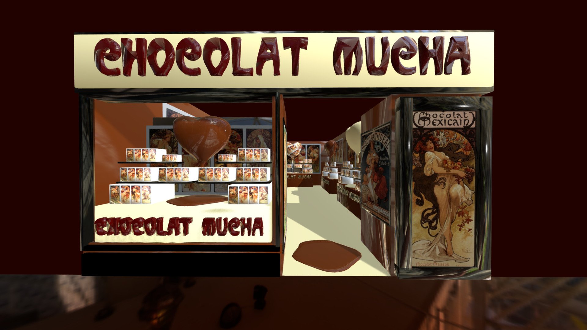 Mucha Chocolat storefront (y tienda) 
Alphonse Mucha:: https://es.wikipedia.org/wiki/Alfons_Mucha 
Melting heart by Johana-PS: https://sketchfab.com/3d-models/melting-heart-49c156c8f26f41539a796fe450bbeccc - ALPHONSE MUCHA chocolate store (tienda) - Download Free 3D model by vmmaniac 3d model