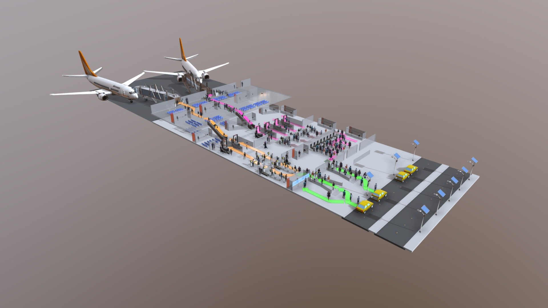 Quickly whipped this up for a presentation that can be seen here - https://chaitanyak.com/airport 





Assets from Blendswap:

Aiport  Jetway - https://www.blendswap.com/blends/view/77532 

Airliner - https://www.blendswap.com/blends/view/21368 



Other Assets: 

Human Cutouts - http://www.escalalatina.com/ - Airport Foot Traffic - Download Free 3D model by Chaitanya Krishnan (@chaitanyak) 3d model