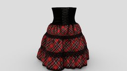 Female Corset Skirt and, red, high, fashion, girls, clothes, skirt, womens, layered, wear, corset, waist, pbr, low, poly, female, black, plaids, ruffled, corseted