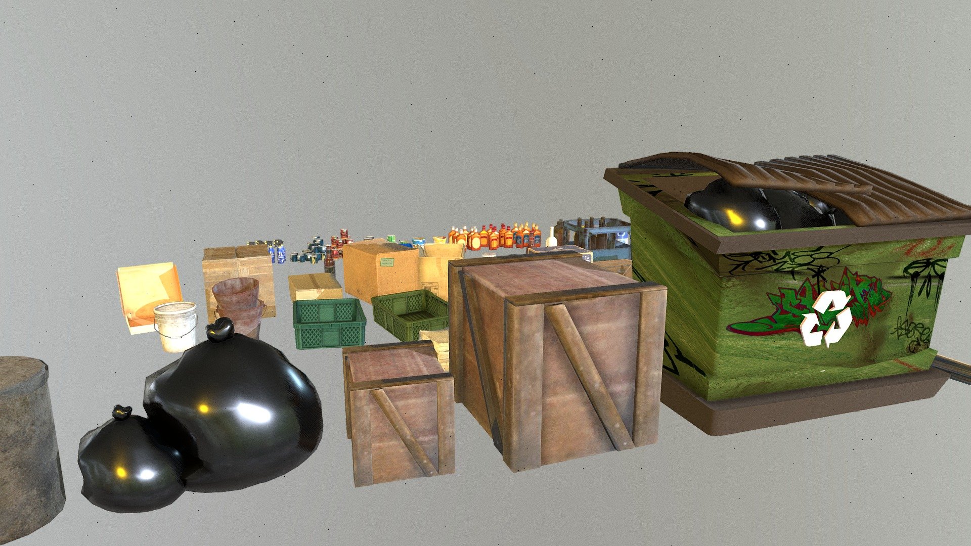 Good trash pack for your 3d work. Includes bottles, papers, boxes, trash can, trash bags, broken radio, tin cans, orange cone, pepsi, newspapers, wine bottles, newspapers, whisky, buskets and garbagecans 3d model