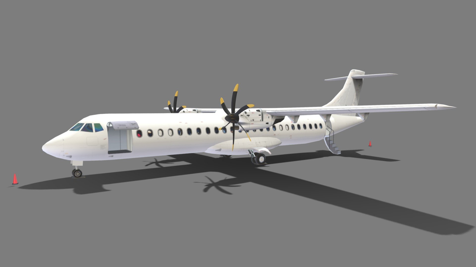 During the 1980s, French aerospace company Aérospatiale and Italian aviation conglomerate Aeritalia merged their work on a new generation of regional aircraft. The ATR 72 was developed as a stretched variant of the ATR 42. On 27 October 1989.

Optimized for minimal complexity with less than 5000 polygons. Despite its low polygon count, the model accurately captures the iconic design features, making it ideal for real-time rendering in games or simulations.

ThIs model comes with a blank layered texture, providing a clean slate for customization. This allows you to apply your own color schemes, or decals. 

this is a static, non rigged, non animated, Lowpoly mesh, 2048 psd template layered texture, for MSFS or XPlane Scenery Airport development , standard materials, enough detailed just to be seen as part of an scene without consuming GPU resources. open doors and closed doors model included

thanks for looking! dont forget to check my other models - ATR 72 600 static Lowpoly Blank - Buy Royalty Free 3D model by Hangarcerouno 3d model