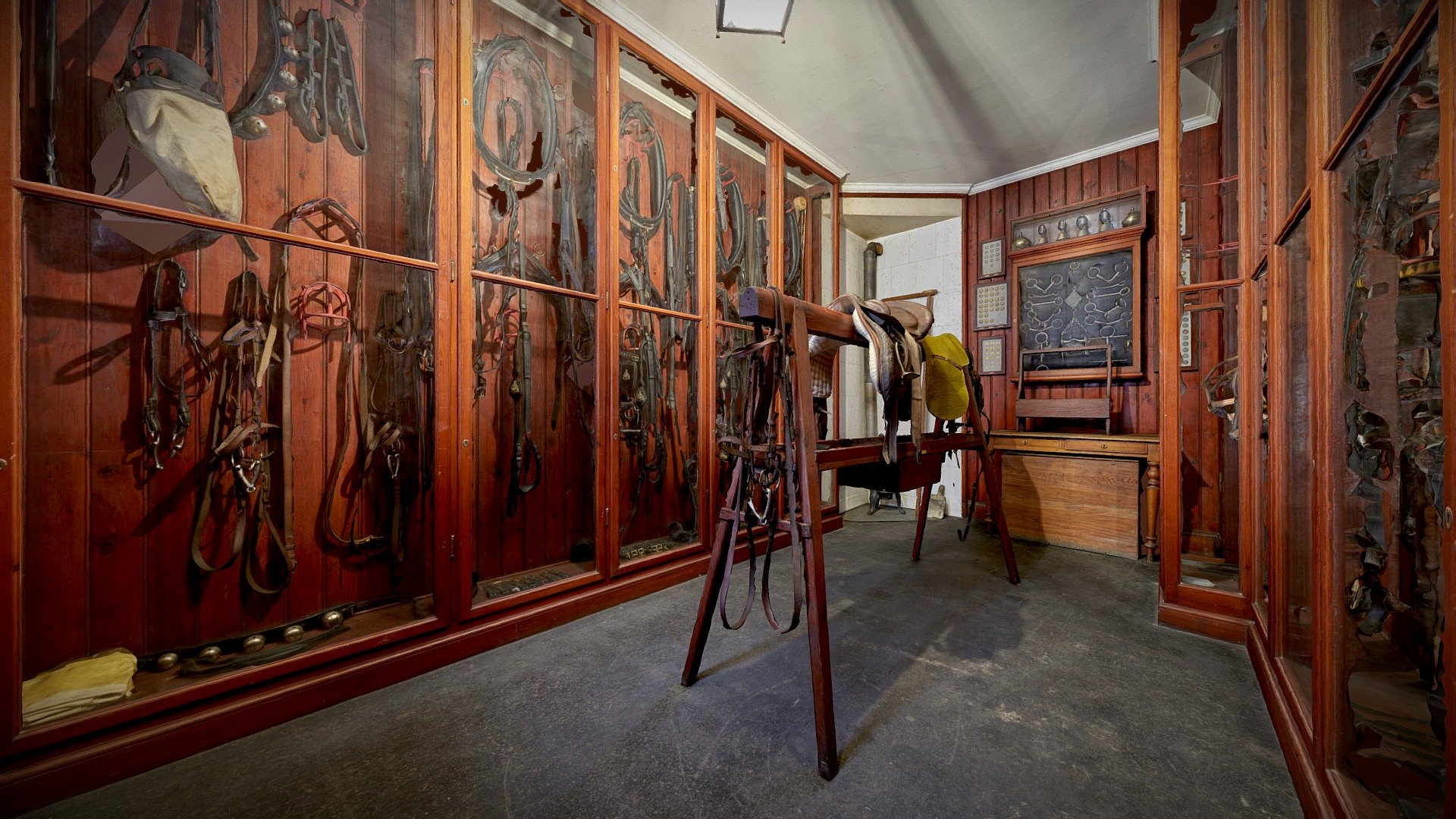 Welcome to The Hallwyl Museum in Stockholm, Sweden.

Once the home of Walther and Wilhelmina von Hallwyl.

Inside the stables at No 4 Hamngatan there is a tack room for the coachman and the tack. It was kept as a museum environment after 1908 when the horses were sold 3d model