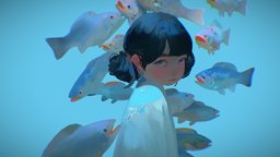 Blue girl fish, painted, girl, blender, blue, anime