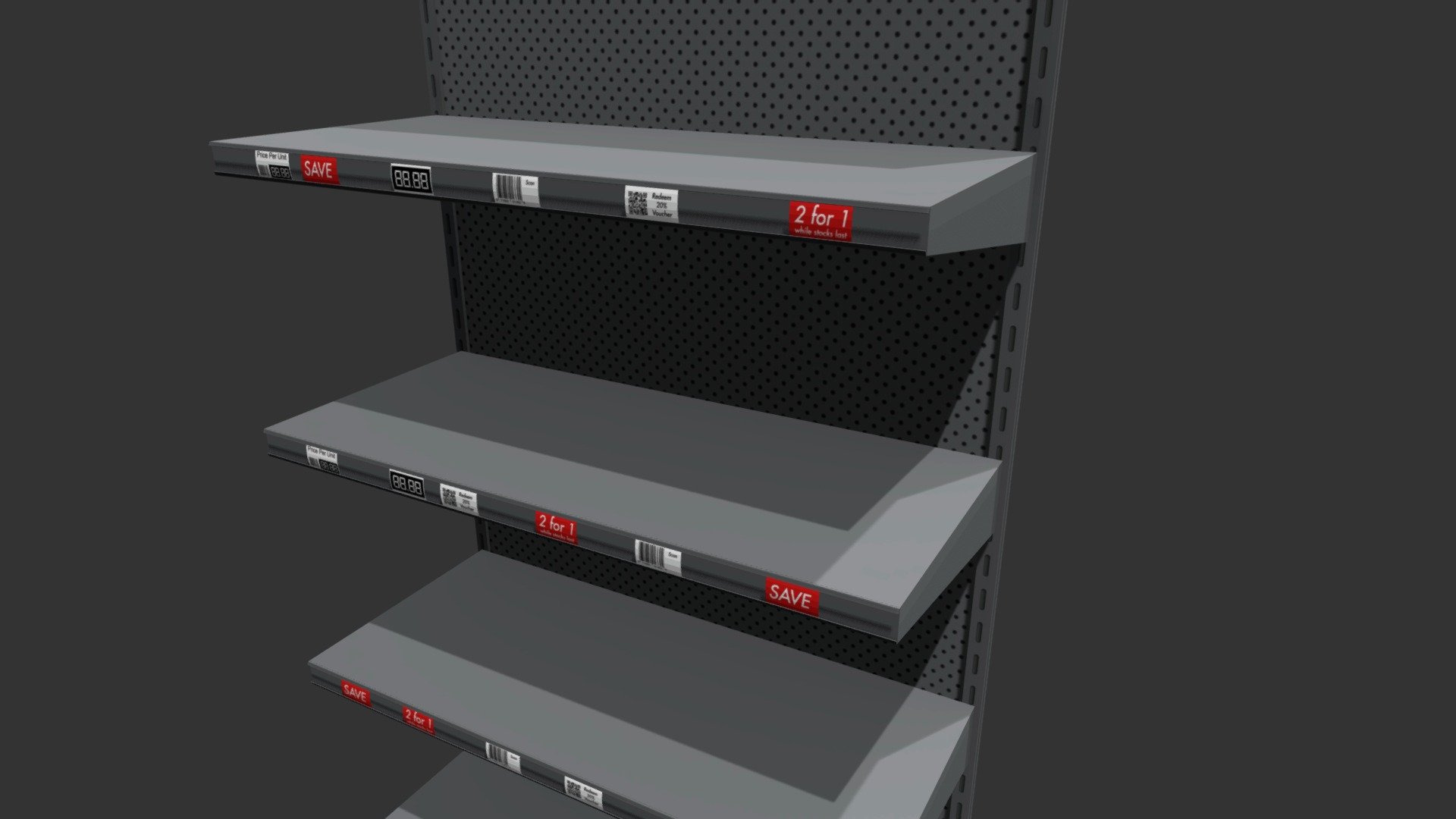 This is a simple shop shelf solution including the following components:

Shop Shelf Back board unit
Shop Shelf
Price indicator or pricer
Sale tag, Discount tag, barcode tag and coupon tag
Scale: Real world, Metric, 1:1

File formats:

Blender 2.79 / Cycles - Native
Max 2015 Scanline
FBX, exported from Max, Tested in Blender

UVW Texture coordinates: UVW Unwrapped, Mixed

Pivots: At opbject bases, snapped to front left corner of units

This can be used as a single unit or arranged in a line to form a row of shop shelve or a supermarket aisle. Build in store shop environments quickly - Shop or store shelf or shelving aisle - Buy Royalty Free 3D model by 3D Content Online (@hknoblauch) 3d model