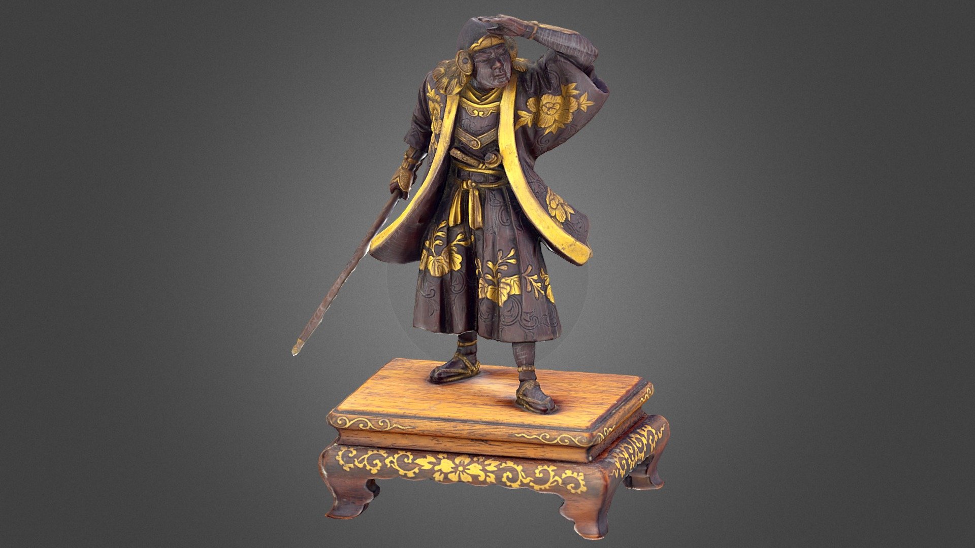 Meiji Period (1868-1912), signed Miayo.

The figure wearing decorated robes, standing with one hand raised looking into the distance, the other hand clasping a spear. Mounted on a rectangular lacquered wood stand. Height 7 1/2 inches. 

Created in RealityCapture by Capturing Reality from 980 images 3d model