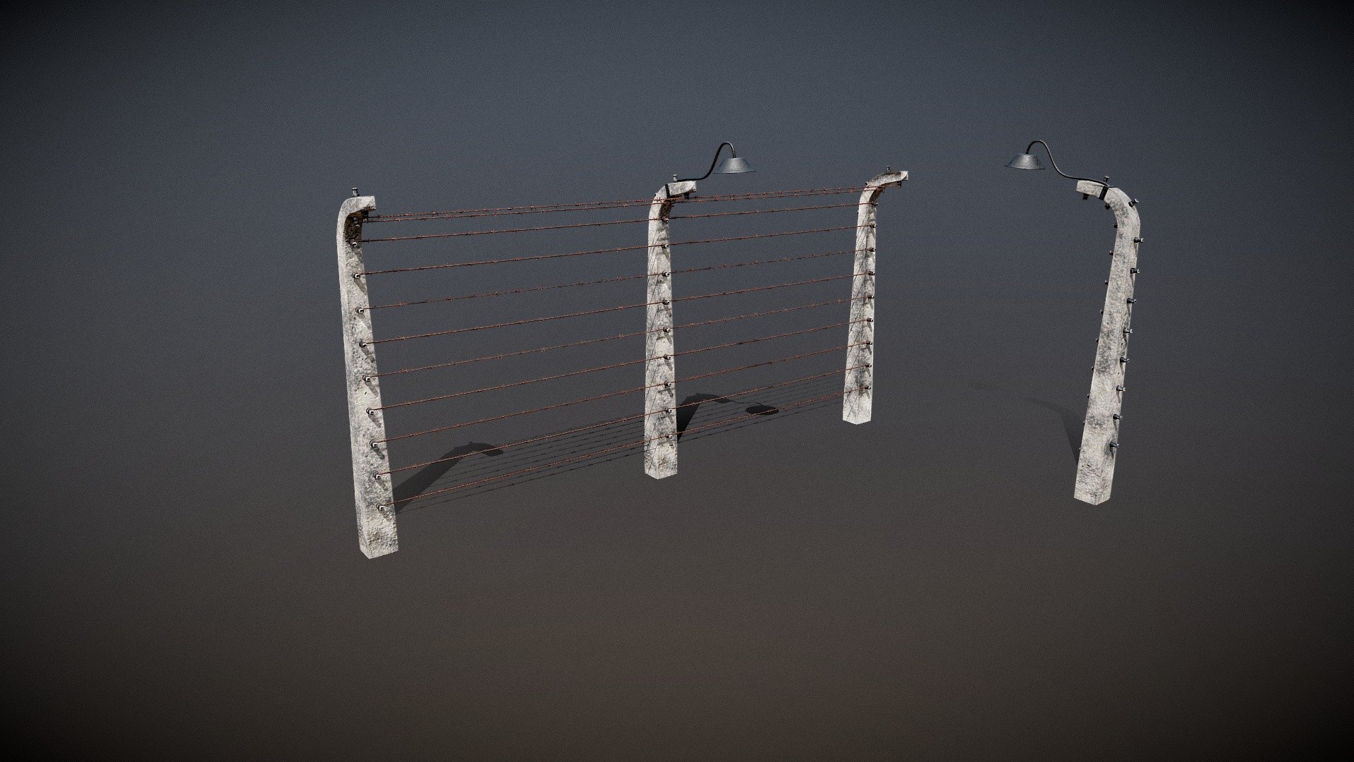 Modular electric fence from the Auschwitz Concentration Camp.
Model contains the following parts:




Module (17,078 Tris)

Module With Lamp (18,108 Tris)

End-Module (7,400 Tris)

End-Module With Lamp (8,428 Tris)

Four 2048x2048 textures are packed using the layout:




Albedo + Opacity

Occlusion + Roughness + Metallic

Normal (Y+ Up)

Emissive

Modeled in Blender 2.91 and textured using Substance Painter 2019 3d model