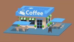 Cartoon Coffee Shop Cafe bar, cafe, coffee, restaurant, exterior, corner, brown, public, parasol, coffeeshop, cartoon, game, lowpoly, chair, house, street, shop, interior, architecturale