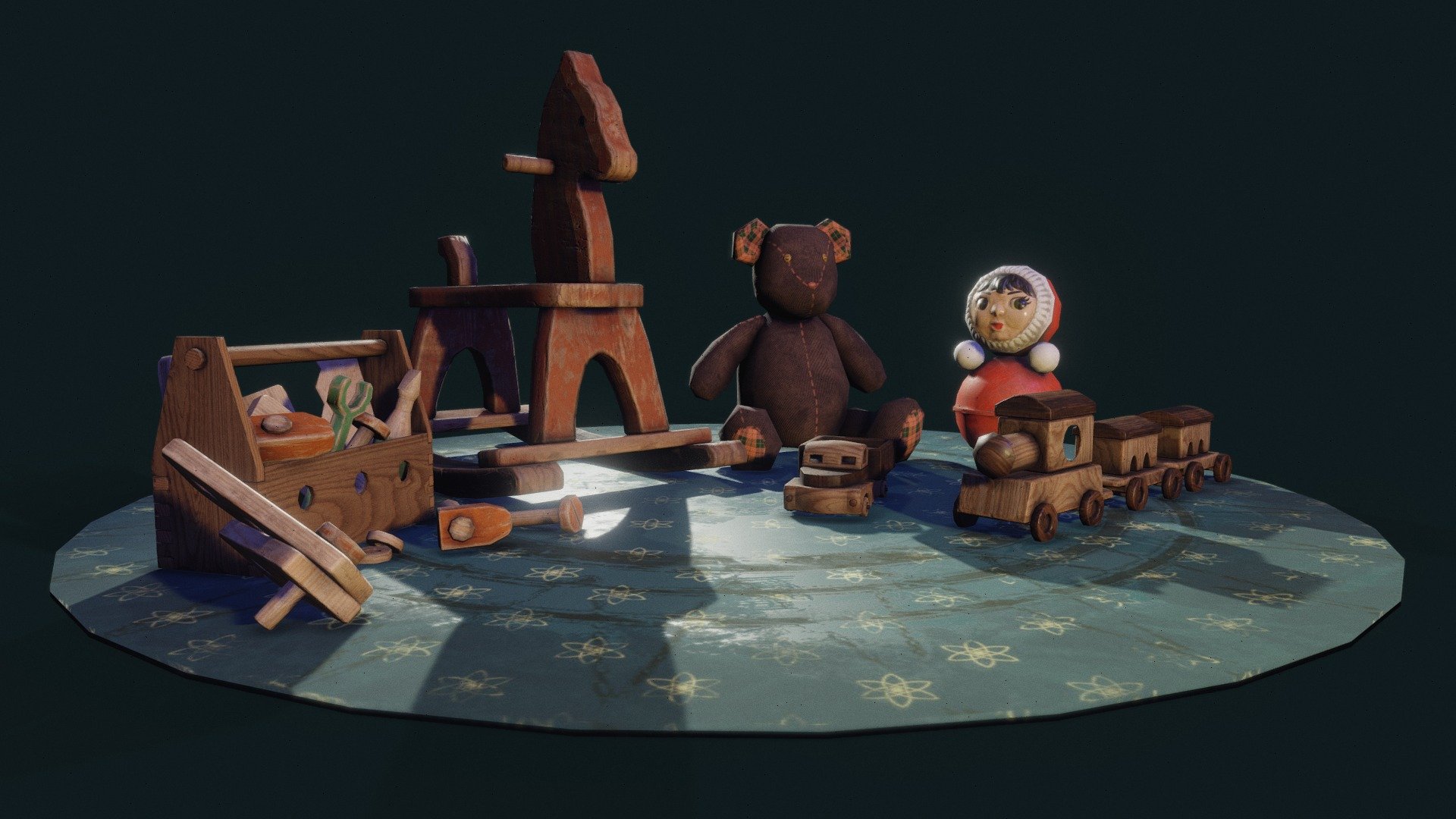 All the models are low poly and optimized. Stylized, old looking, with vintage touch

The set contains the following toys:
- wooden horse
- bear
- roly-poly tumbler doll
- instrument kit with various tools
- train
- car

The textures include base color, roughness and normal, 2K - Wooden toys - Buy Royalty Free 3D model by Julius (@darlingjulia0) 3d model