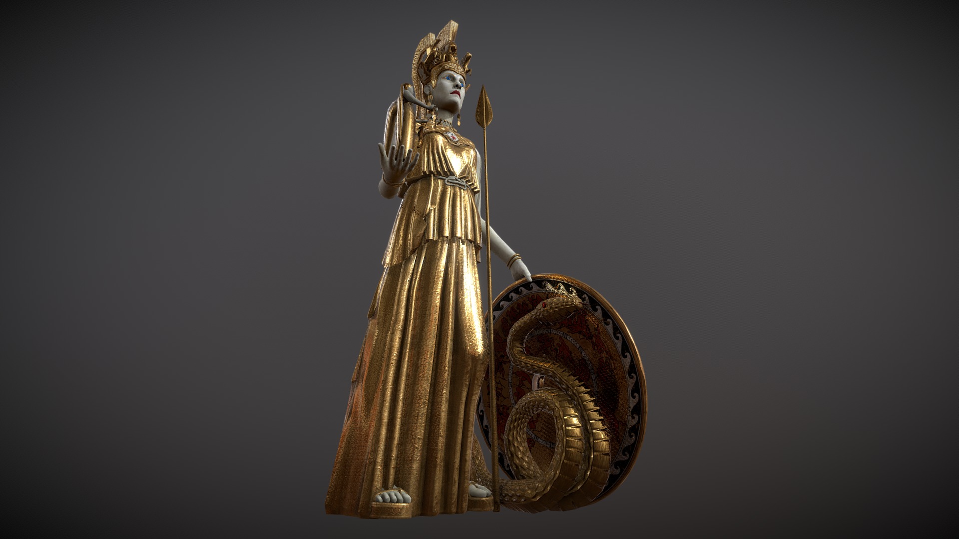 This is a model of Athena Parthenos from the Parthenon.  It is low poly with most of the fine detail included in Normal maps.

The original model of Athena and the snake was done by Kalani Strange  on a project we worked together on.  I reworked it for poly count and UV editing as well as painting the textures in Substance Painter.  I modeled and painted the shield 3d model