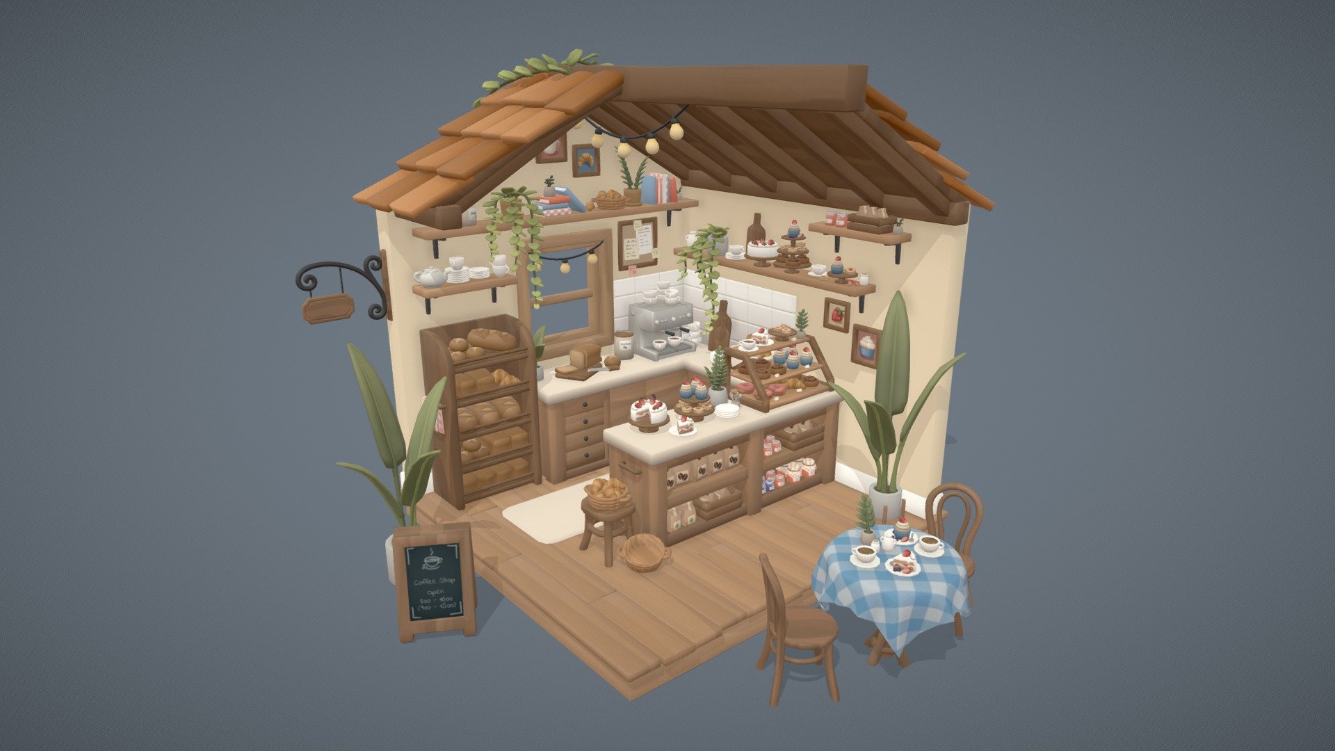 A stylized miniature coffee shop diorama featuring furniture, decorations, plants, and an assortment of treats including cupcakes, bread loafs and cake.
If you're interested in purchasing just the plants or food items, they are also available in separate sets.

File in .fbx with 10 materials consisting of: 




Base Color

Metalic

Normal
 - Café - Buy Royalty Free 3D model by Emmy (@emmy_l) 3d model