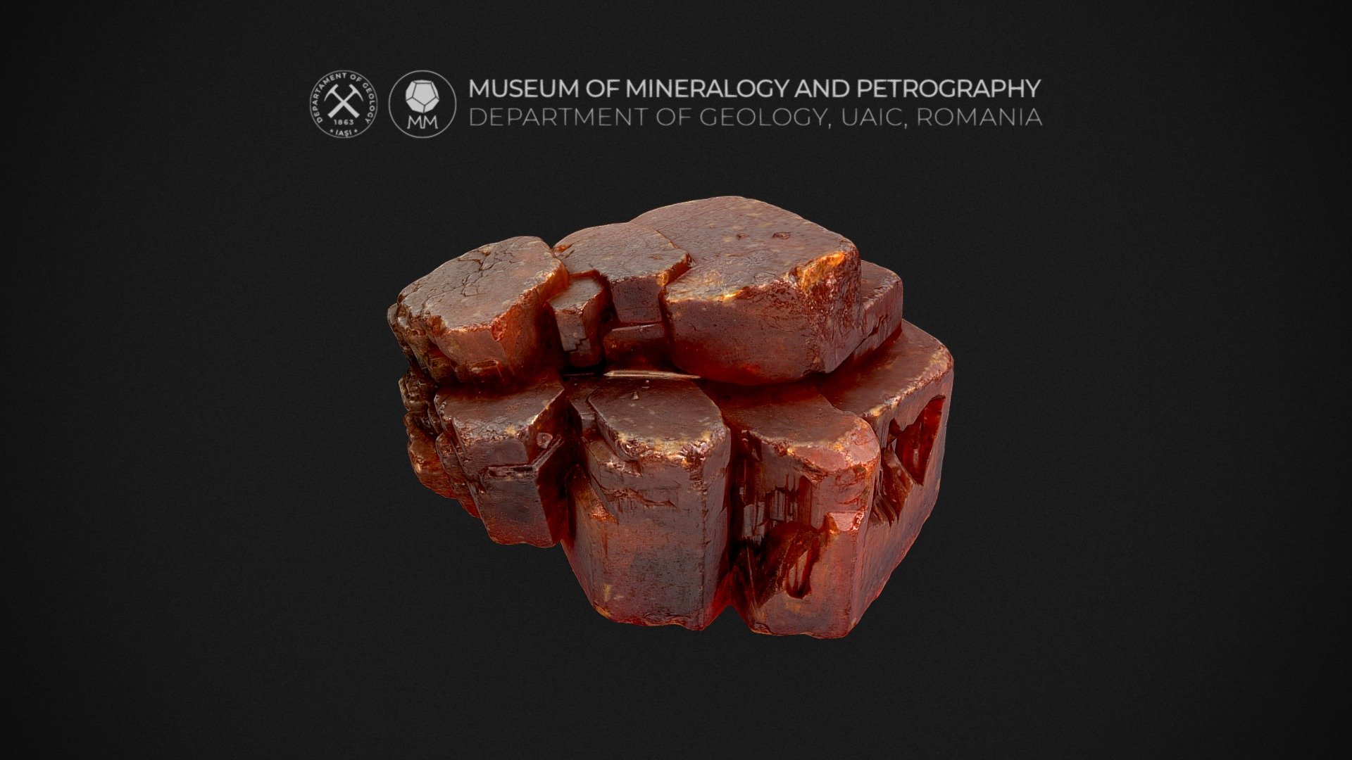 Size: 1 x 1 x 1 cm

Formula: Pb5(VO4)3Cl

Description: This model represents a floater specimen with stacked blocky Vanadinite crystals (short-prismatic hexagonal crystals).  The cluster is nearly equant (1 cm across), doubly-terminated, adamantine luster, and reddish to deep-orange in color. The prismatic faces are incredibly lustrous while the basal faces are a little less so.

Vanadinite is an important ore of vanadium (V) and a minor source of the lead (Pb). Vanadinite usually forms where lead minerals are oxidized (as secondary mineral), often in areas with an arid climate. It is commonly associated with the oxidation of galena.



Website: http://geology.uaic.ro/muzee/mineralogie/

Concept &amp; 3D-modelling by Andrei Ionut APOPEI
 - V is for Vanadinite - 3D model by Museum of Mineralogy and Petrography, UAIC (@MineralogyPetrographyMuseum) 3d model