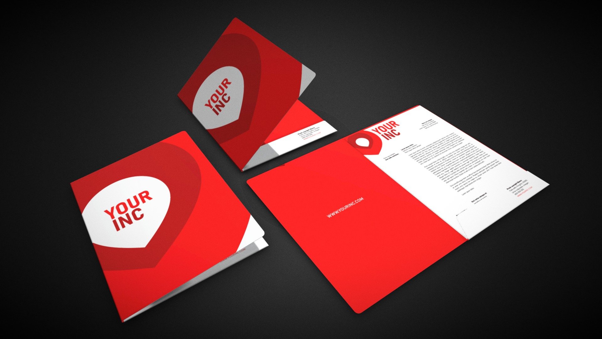 Pack of flap folders 3d models for branding and corporative identity usage.
Ideal for graphic designers.
*   Compatible with most popular 3d software like Elements or Unity.
*   UV maps included .Tif format with a ready guide set.(Photoshop) 
*   UV Dimensions: 42,9cm x 42,9cm. 
*   3 materials , 2 for main faces , 1 for edeges(white by default).
Usage:
    2 UV maps icluded ,one for each side ,ready to use as reference to texture the model .
    Just drag your textures at difusse/albedo channel on each mat and customize it if needed.
Models in this pack
*   Showcase source scene;
*   Flap folder (normal)
*   Flap folder. (closed)
*   Flap fodler. (semi closed)
*   Basic A4 model 
Formats included:
*   Fbx.
*   Obj.
*   Unity Package.
Other files:
*   UV maps 
*   Example textures.

Check out other models of this collection at:
https://sketchfab.com/jcrgraphics/collections/branding-pack - Flap folder pack - Buy Royalty Free 3D model by JCR.Graphics (@jcrgraphics) 3d model