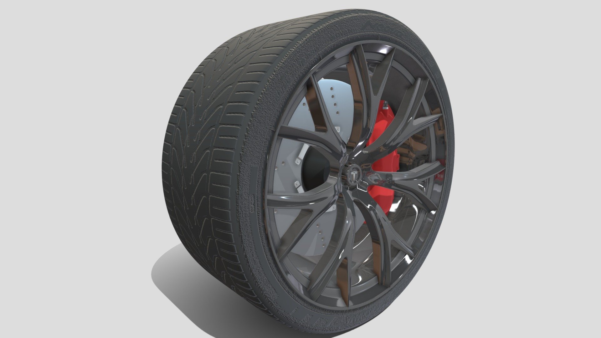 Tesla Roadster Wheel 3D model, with brake disc and caliper.

File formats:
-.blend, rendered with cycles, as seen in the images;
-.obj, with materials applied and textures;
-.dae, with materials applied and textures;
-.fbx, with material slots applied;
-.stl;

3D Software:
This 3d model was originally created in Blender 2.79 and rendered with Cycles.

Materials and textures:
The model has materials applied in all formats, and is ready to import and render.
The model comes with multiple png image textures.

Preview scenes:
The preview images are rendered in Blender using its built-in render engine &lsquo;Cycles'.
Note that the blend files come directly with the rendering scene included and the render command will generate the exact result as seen in previews.
Scene elements are on a different layer from the actual model for easier manipulation of objects.

General:
The model is built strictly out of quads and is subdivisable.
It comes in separate parts, named correctly for the sake of convenience 3d model