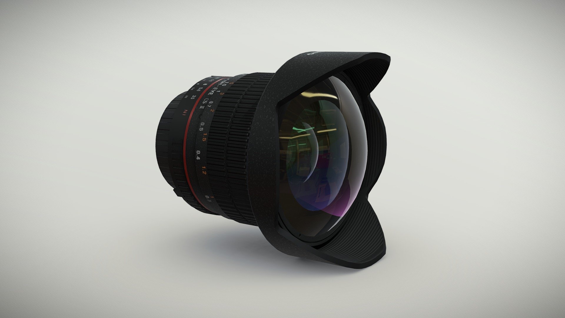 •   Let me present to you high-quality low-poly 3D model Samyang 8mm f/3.5 AS IF UMC Fish-eye CS II AE Nikon F Lens. Modeling was made with ortho-photos of real lens that is why all details of design are recreated most authentically.

•    This model consists of three meshes, it is low-polygonal and it has three materials (for Lens body and Glass of Lens).

•   The total of the main textures is 4. Resolution of all textures is 2048 pixels square aspect ratio in .png format. Also there is original texture file .PSD format in separate archive.

•   Polygon count of the model is – 7493.

•   The model has correct dimensions in real-world scale. All parts grouped and named correctly.

•   To use the model in other 3D programs there are scenes saved in formats .fbx, .obj, .DAE, .max (2010 version).

Note: If you see some artifacts on the textures, it means compression works in the Viewer. We recommend setting HD quality for textures. But anyway, original textures have no artifacts 3d model