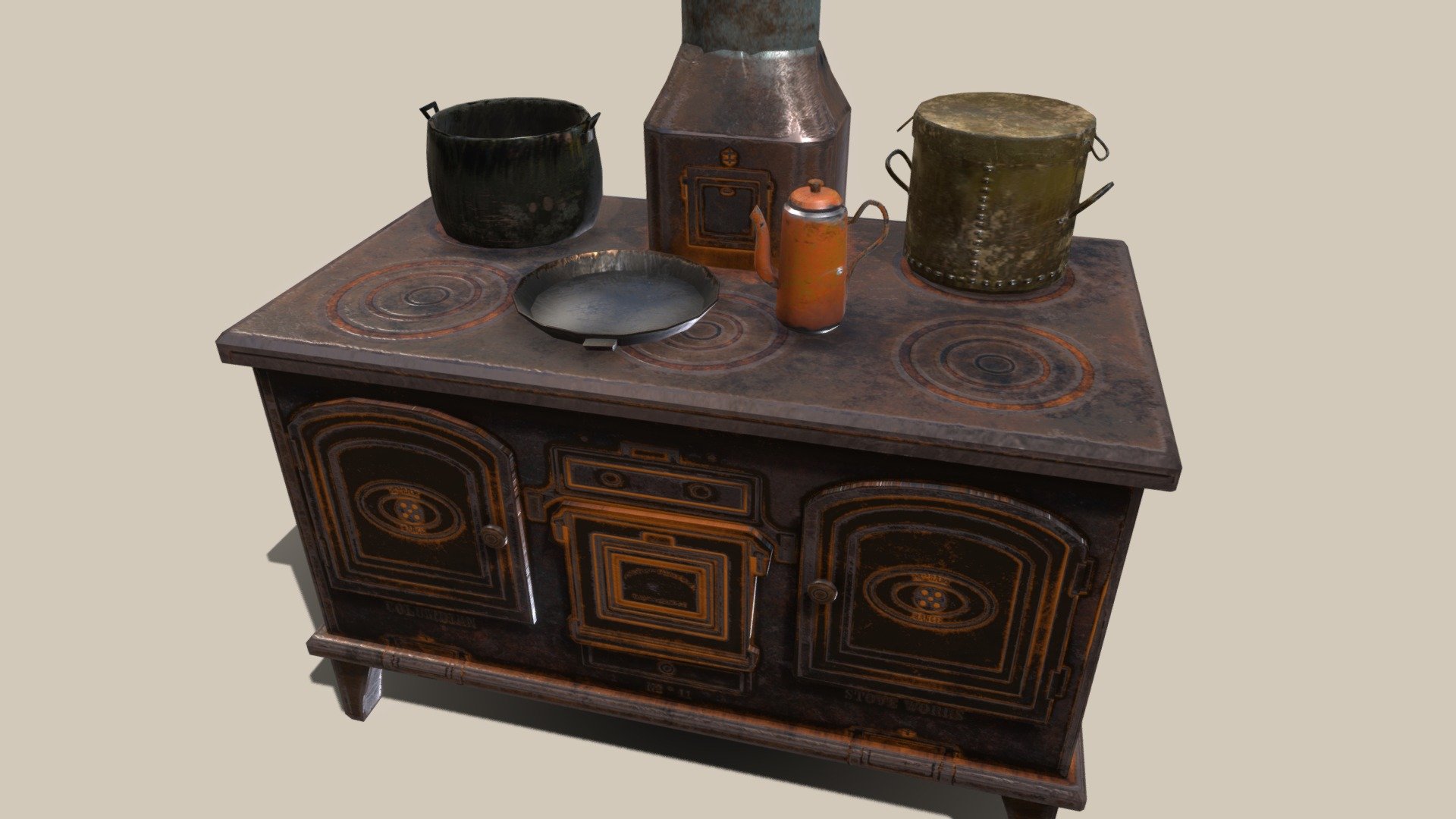 Game-ready optimized old stove with pots. Ready for videogame use. Unly 1,8 K vertices.
Perfect to complete an old rusty kitchen in a videogame 3d model