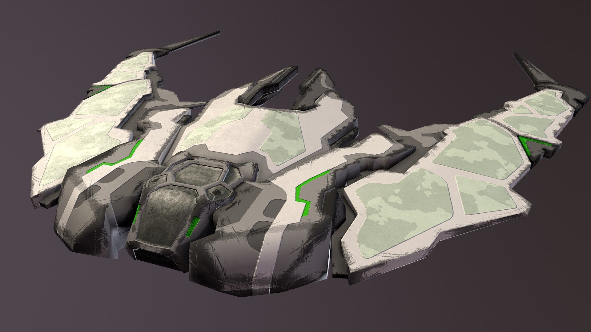A mid poly spaceship model. Created with Blender and Texture Painter/Gimp. Model is UV unwrapped with overlapping UVs that overlap across the line of symmetry running down the center of the model 3d model