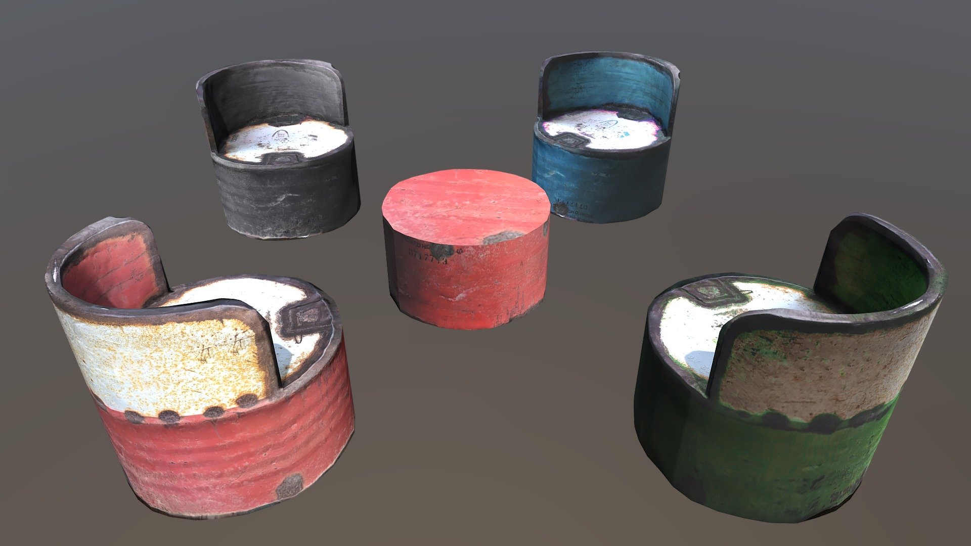 &ldquo;Explore this unique collection of 3D Scanned and masterfully crafted LowPoly Barrel Furniture, perfect for adding a touch of post-apocalyptic style to your virtual world. These meticulously Upcycled Chairs and table are ready to bring character to any Fallout Style game environment. Made from Petrol Barrels, this chair collection comes in four distinctive colors: Green, Red, Blue, and Black. Each piece has been meticulously edited in Blender to ensure a seamless fit in your virtual world. Whether you're working on a Gaming Asset, need some Rustic Decor, or want to create an Industrial Design atmosphere, these chairs and table, inspired by a Retro Aesthetic, offer Distinctive Furniture that adds a unique touch to any setting. Crafted from Salvaged Materials, these pieces are the perfect addition to any Post-Apocalyptic Decor in your virtual world, enhancing your Environmental Assets collection and bringing a touch of vintage charm.