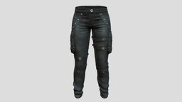 Female Denim Pants With Straps And Side Pockets fashion, side, urban, pants, with, straps, combat, cargo, casual, pockets, utility, denim, pbr, low, poly, female, black