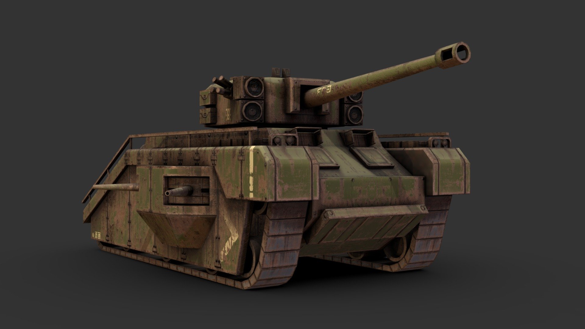 An abandoned oversized tank of my own design, modeled as a background asset for a battleground scene I've been working on.

Made in 3DSMax and Substance painter, the textures are mostly procedural instead of handpainted, something I'm quite happy with - Derelict Tank - 3D model by Renafox (@kryik1023) 3d model