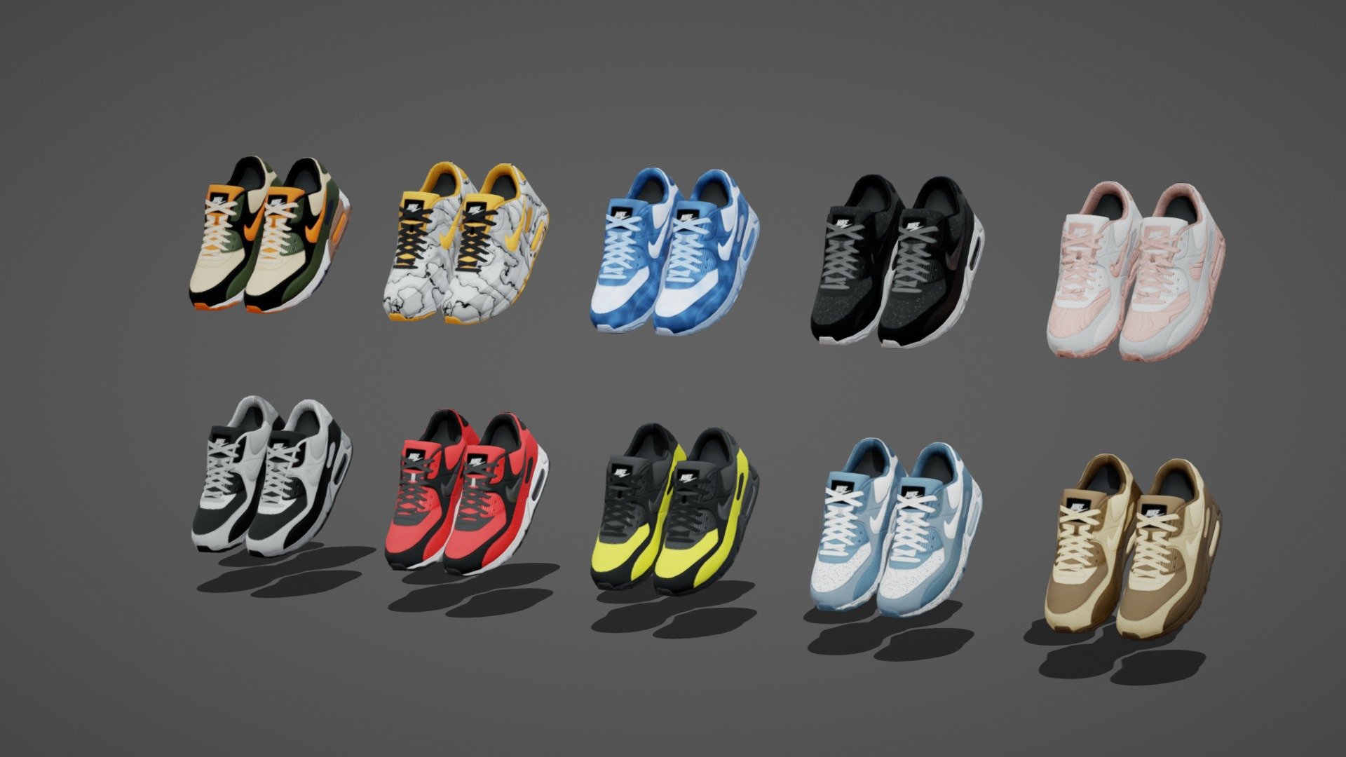Airmax NIKE Shoes model in very low poly style.

All 10 shoes GLB File size is around 1500 kb

Model :   Poly Count - 6760 ( 676 per pair )

Textures  :  1k resolution

All shoes use same Metallic, Roughness and normal map

Diffuse map is different for all shoes

All seperate Low poly shoes link as below:

1 ) https://skfb.ly/oQsLn

2 ) https://skfb.ly/oQsN7

3 ) https://skfb.ly/oQsOv

4 ) https://skfb.ly/oQsOA

5 ) https://skfb.ly/oQsOI

6 ) https://skfb.ly/oQsOO

7 ) https://skfb.ly/oQsOS

8 ) https://skfb.ly/oQsP6

9 ) https://skfb.ly/oQsPt

10 ) https://skfb.ly/oQsPy

Best suitable for Metaverse projects.

Highpoly Model https://skfb.ly/oKoR9 - Airmax - Nike Low Poly - Pack of 10 - Buy Royalty Free 3D model by 5th Dimension (@5th-Dimension) 3d model