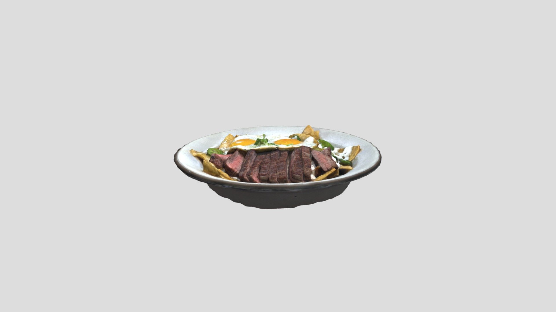 Flank Steak | fried eggs | charred tomatillo salsa | tortilla chips | queso Cotija | cilantro | jalapeno | onion | crema - Copita Chilaquiles Con Bistec - Buy Royalty Free 3D model by Augmented Reality Marketing Solutions LLC (@AugRealMarketing) 3d model