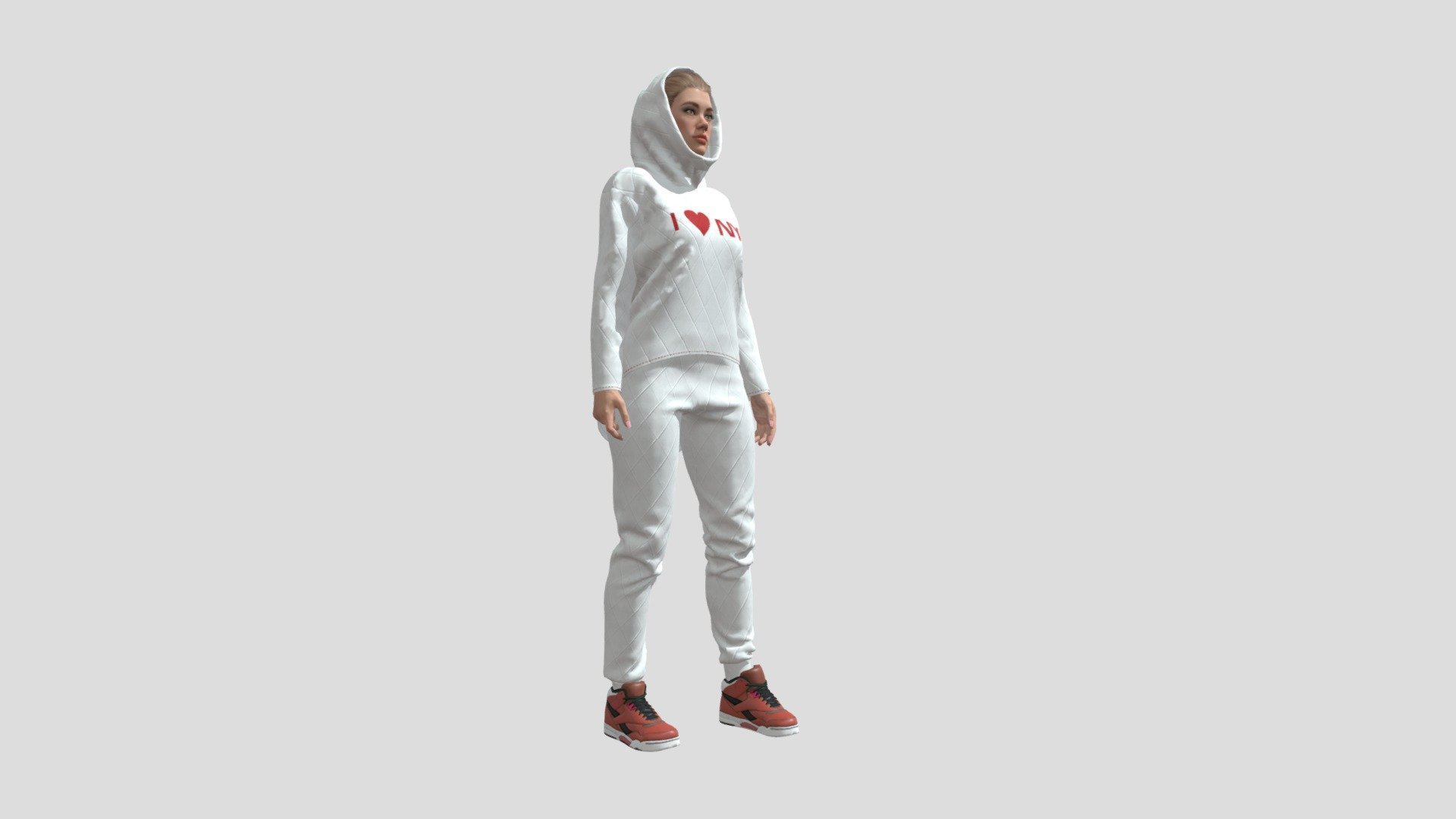 Realistic Female Character Alicia sport outfit edition - white hoodie, sweatpants and sneakers.
High-quality game-ready rigged 3D Female Character. Clothes are separated. You can change hair, shoes and clothes - Realistic Female Character Alicia Sport - Buy Royalty Free 3D model by Rachelle Ete (@RachelleEte) 3d model