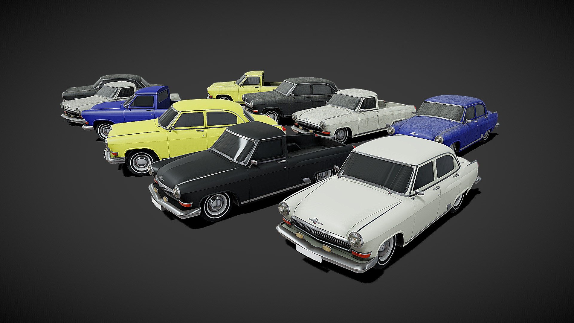 Game ready lowpoly cars pack.  Models are great for developing games on PC and mobile devices. Four body colors in two versions; clean and dirty. Separated car parts; body, wheels, lights and trunk lid (pickup version). The interior of the car is not included. Scale models Unity engine 3d model