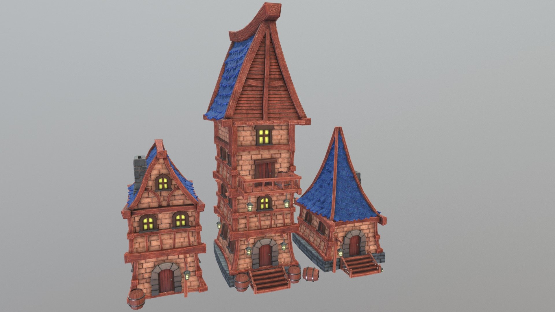 Here are examples of stylised houses made from an asset pack that I created. It can used to make several house combinations and consists of other assets that can be used to populate a scene. There are high qaulity renders available on my art station.  https://www.artstation.com/artwork/OYEY8  The assetpack is available on the Unreal Engine 4 market place for less than £10.  -link removed- - Stylised Houses - 3D model by Shihab Miah (@shiha96) 3d model