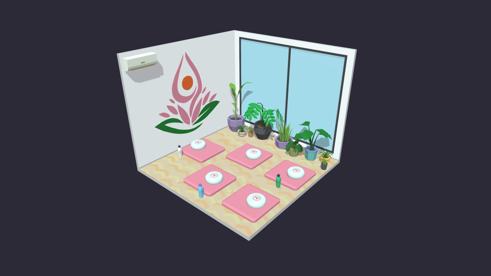 Low poly room is ready to be used for games, rendering and advertising.

This is a yoga room complete with furniture.

This set includes 15 unique props: rugs / pillows / flowers / accessories and much more!

Technical details:

The whole room has:




Vertex: 7013

Faces: 6689

Tris: 12038
Has only one color texture (2048/1024/512/256 /128px) and one material for the entire game set.

Feel free to download it and leave your reviews, comments and likes. This will help us create more products for you :) - Yoga Room 19 Low-poly 3D model - Buy Royalty Free 3D model by Mnostva 3d model