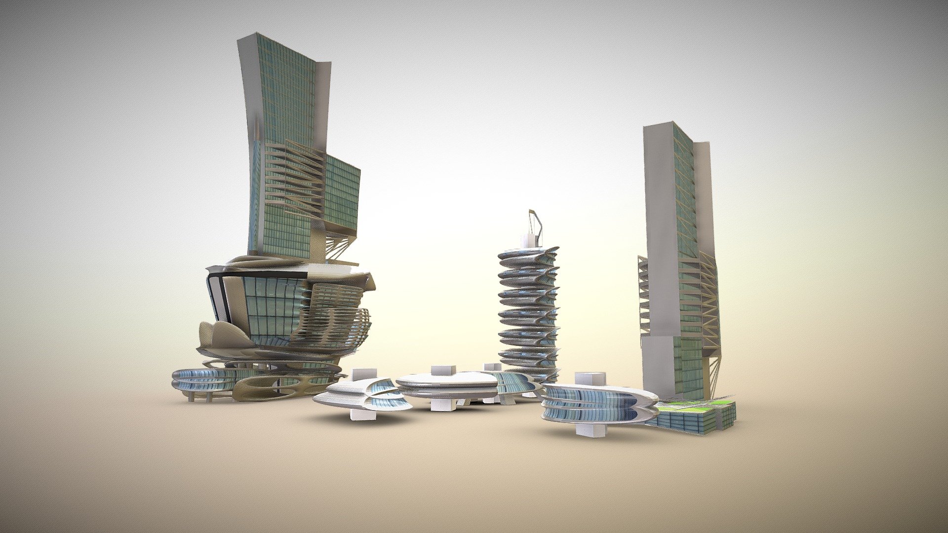 A few shapes morphed into somewhat futuristic architecture. Modeled in blender. free for download, animations, games, renders and refrence 3d model